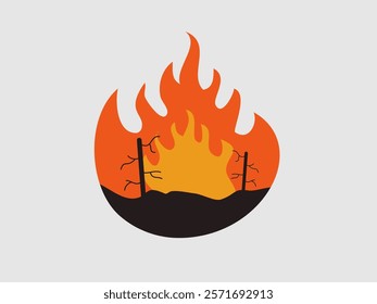 Two barren trees or branches stand within the fire