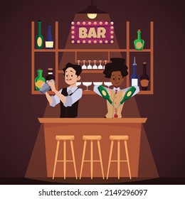 Two bartenders behind the counter in a bar. The bartender makes a cocktail. The waitress pours wine from a bottle. Couple of waiters in a bar with alcoholic drinks, vector flat illustration