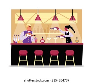 Two bartenders in the interior of bar, restaurant, vector flat illustration. Bartenders in night cafe, bar. Counter with bottles, alcohol, drinks. Room of bar inside