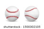 Two baseball balls wrapped in white leather, stitched red strips 3d realistic vector icon isolated on white background with shadows. Sport equipment store ad, competition or tournament design element