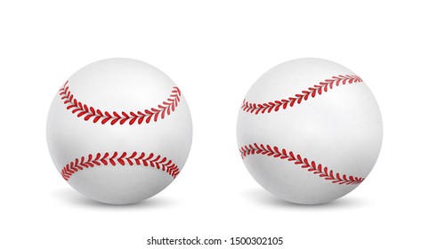 Two baseball balls wrapped in white leather, stitched red strips 3d realistic vector icon isolated on white background with shadows. Sport equipment store ad, competition or tournament design element