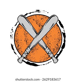 Dois morcegos de beisebol cruzaram em unidade contra o círculo grunge arrojado. Ilustração de Vetor