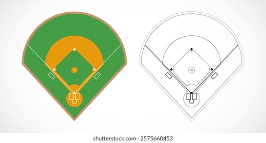 Two baseball field designs: colorful green and orange layout and black outline schematic for sports planning, design, or education.
