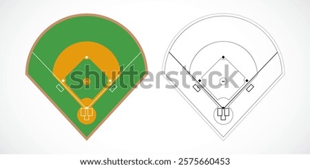 Two baseball field designs: colorful green and orange layout and black outline schematic for sports planning, design, or education.
