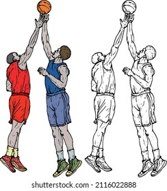 Two basketball player challenge for the opening tip ball. Hand drawn vector illustration.