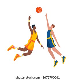 Two basketball players in action during the game. Flat vector illustration. 