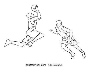 Two basketball players with a ball. Black contour. Isolated silhouette. Abstract drawing. Active pose. Hand drawn sketch. Vector outline. Sport illustration.