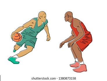 Two basketball players with a ball. Isolated black contour and colors. Abstract drawing. Active pose. Hand drawn sketch. Vector outline. Sport illustration.