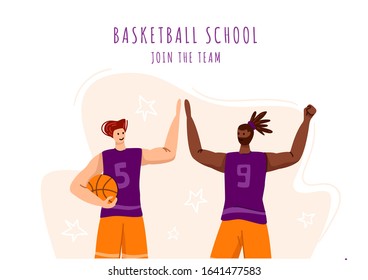 Two basketball players with ball playing game, good teamwork and happiness, illustration with muscular athletic men or sportsmans for banner, poster, website or merch print, flat people - vector