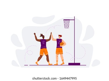 Two basketball players with ball playing game, good teamwork and happiness, illustration with muscular athletic men or sportsmans for banner, poster, website or merch print, flat people - vector