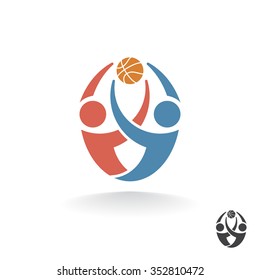 Two basketball players catch a ball. Abstract vector logo.