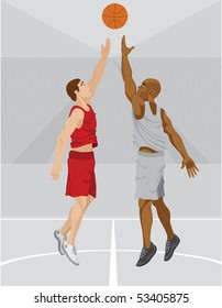 Two basketball players are jumping for the ball