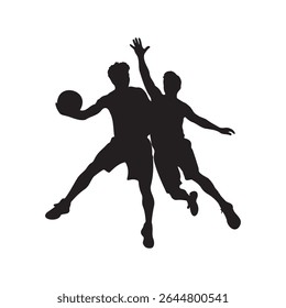 Two basketball players Silhouette, intensely compete, one dribbling the ball, jumping for a shot, the other defending, vector illustration.
