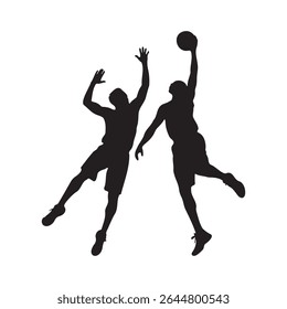 Two basketball players Silhouette, intensely compete, one dribbling the ball, jumping for a shot, the other defending, vector illustration.
