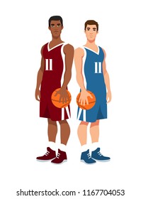 Two Basketball Players Standing Back To Back In Uniform With Ball Isolated On White Background. Vector Illustration