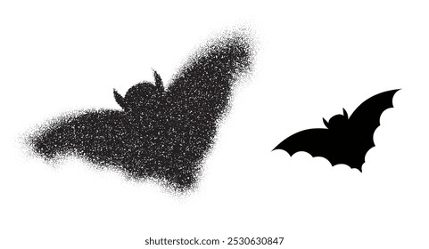 Two bat silhouettes, one in scattered black dots and the other in solid black, creating a spooky design. Vector illustration.