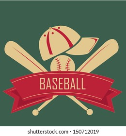 two bats of baseball with hat and ball and a red ribbon in a green background