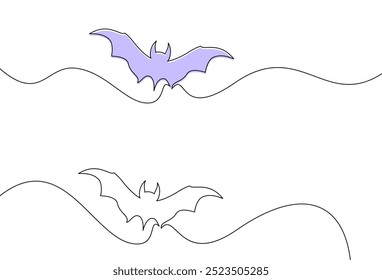 Dois morcegos representados na arte minimalista em linha, com um destacado em roxo. Ilustração vetorial para desenhos de Halloween ou abstratos.