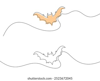 Dos murciélagos en arte lineal minimalista, uno resaltado en naranja. Ilustración vectorial ideal para Halloween o decoración abstracta.