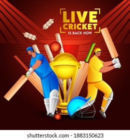 Two Batsman Player in Different Attire with Realistic Cricket Equipment and Golden Trophy Cup on Dark Red Stadium View Background. Live Cricket Is Back Now.