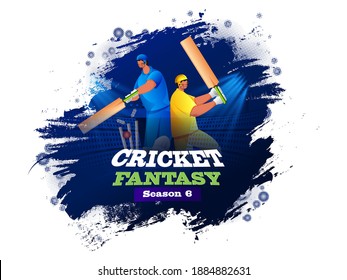 Two Batsman Player In Different Attire On Blue Brush Stroke Effect Stadium View For Cricket Fantasy Season 6.