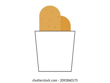 Dos croquetas maltratadas en un contenedor de papel.