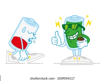 Two batteries after and before energy hot coffee, one is very tired with low energy second is smile happy charged full of energy. Modern vector style cartoon character illustration flat design icon.