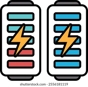 Two batteries with a lightning bolt on them. The batteries are charged and ready to use. Concept of energy and power