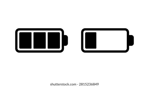 Two battery charge level icons full and low in a black and white silhouette icon indicator power energy symbol status