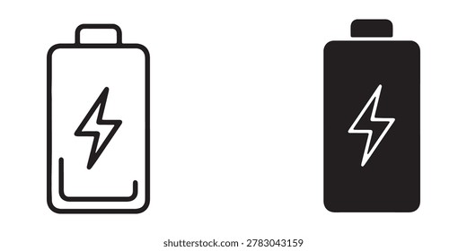 Two battery icons showing charging status. One is an outline with a partial fill line at the bottom, the other is solid black. Both have a lightning bolt.