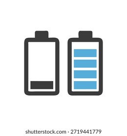 Two battery icons shown side by side, one full, one depleted. Simple flat design with White Background.