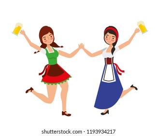 two bavarian women dancing with beers