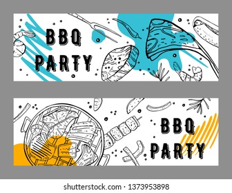 Two BBQ party  flyers design templates. Outline sketch vector hand drawn illustration with different food and colorful spots on white background