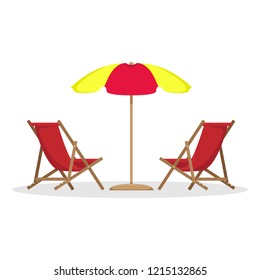 Two beach beds with sun umbrella. Vector illustration.