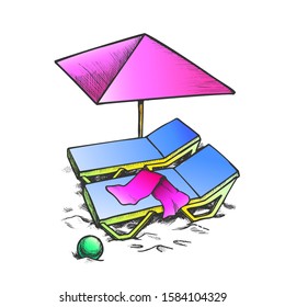 Two Beach Chair With Umbrella And Ball Ink Vector. Towel On Deck Chair And Parasol. Seascape Equipment Engraving Concept Template Hand Drawn In Vintage Style Color Illustration