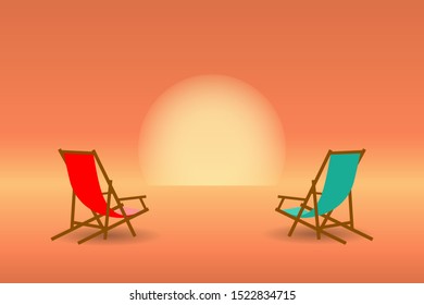 Two beach chairs on the beach at sunset. Vector illustration EPS10