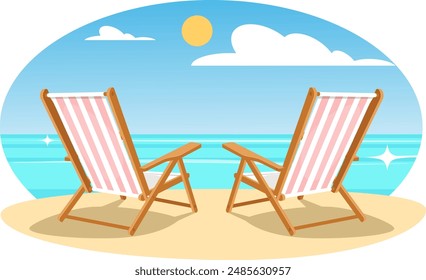 Two beach chairs on a tropical beach. Stock vector illustration