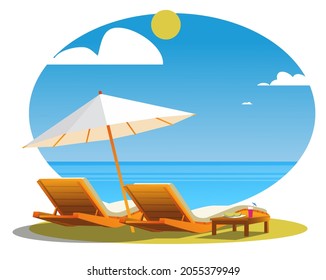 Two beach chairs with a sun umbrella and a table with drinks and fruit on the yellow sand. The concept of a beach holiday on the coast of the sea or ocean. Stock vector illustration.