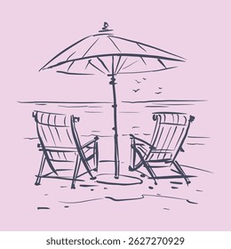 Two beach chairs and umbrella vector for illustration, card, decoration