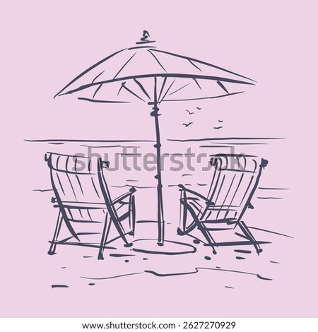 Two beach chairs and umbrella vector for illustration, card, decoration