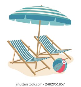 Zwei Liegestühle unter einem gestreiften Sonnenschirm. Eine sonnige Strandszene mit Liegestühlen, einem Sonnenschirm und einem Ball. Illustrierte Vektorgrafik Clipart.