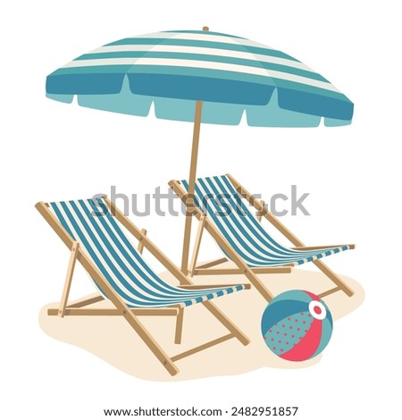 Two beach chairs under a striped umbrella. A sunny beach scene with sun loungers, an umbrella and a ball. Illustrated vector clipart.