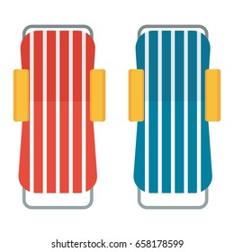 Two beach chaise lounges top view on white background. Beach vacation on sand on ocean or sea, near pool in hotel. Sunbed for relaxation and umbrella for sun protection. Flat vector cartoon icon.