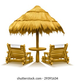 two beach deck-chairs under wooden umbrella - vector illustration