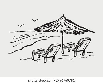Two beach lounge chairs under straw umbrella on seaside shore. Tropical resort branding, summer vacation travel. Hand drawn vector sketch illustration in vintage crayon charcoal style