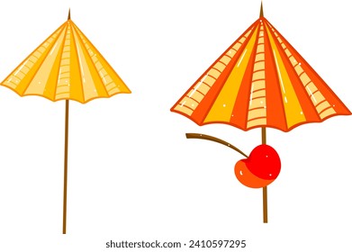 Two beach umbrellas, one normal and one with a cherry, sunny summer vibe. Unique cocktail umbrella design with a fruit twist vector illustration.