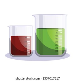 Dos beakers con iluminación vectorial de fluidos rojos y verdes sobre fondo blanco.