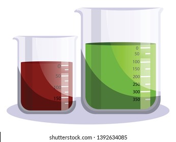Two beakers with red and green fluid vector illsutration on white background.