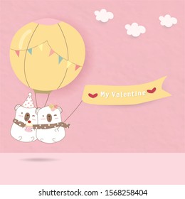 two bear cartoon are pulled by sweet balloon.they are happy and one of them is wearing party hat.he holds cup cake.the background is pink pastel colour for valentine day.