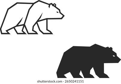 Two bear or grizzly icons in the style of straight lines and sharp corners, two bear icons, line and silhouette in black colors.